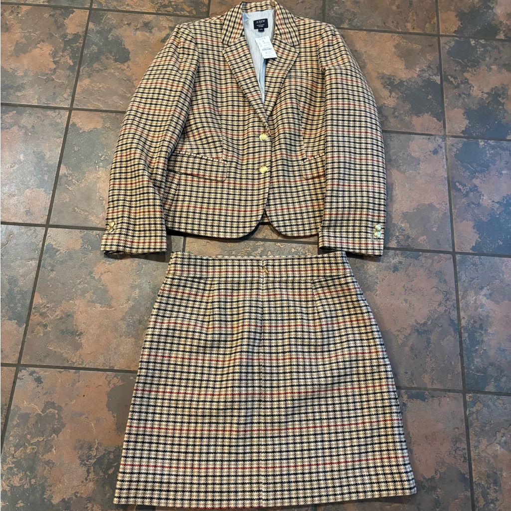 J. Crew Tan And Black Plaid Blazer And Skirt Set